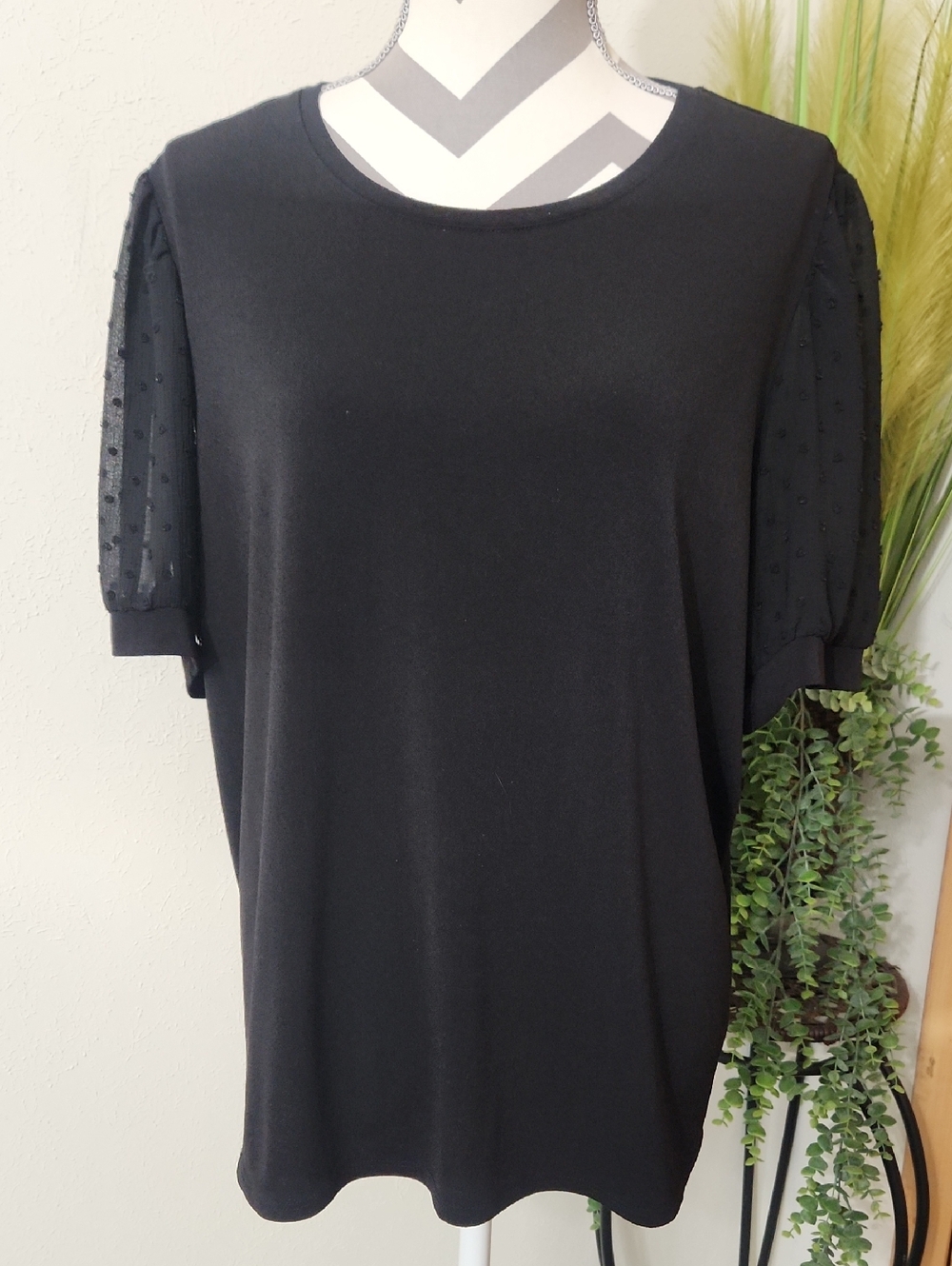 CeCe Black Short Sleeve Top with Sheer Dotted Sleeves